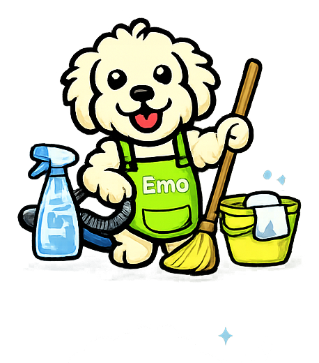 Emo the dog mascot with a mop and bucket cleaning communal areas of a residential building in Norwich