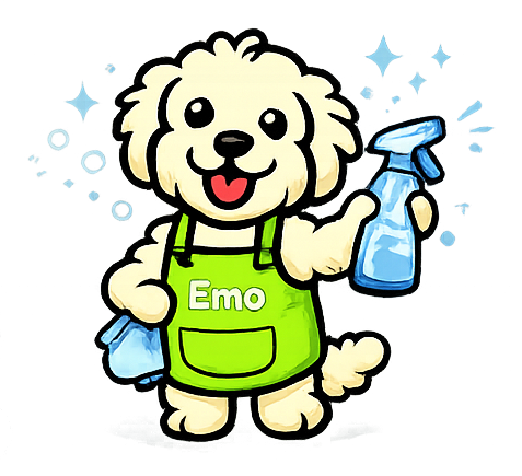 Emo the dog mascot spraying and wiping surfaces during an office cleaning service in Norwich