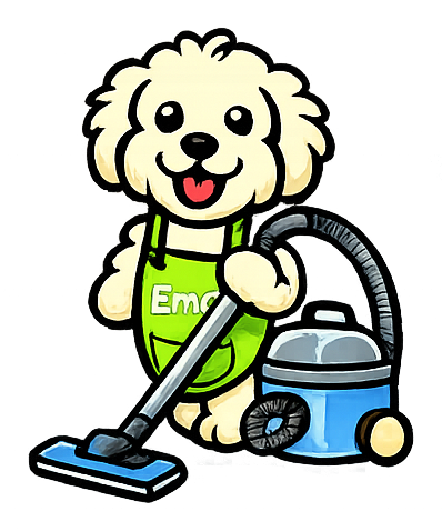 Emo the dog mascot vacuuming a home during a residential cleaning visit in Norwich